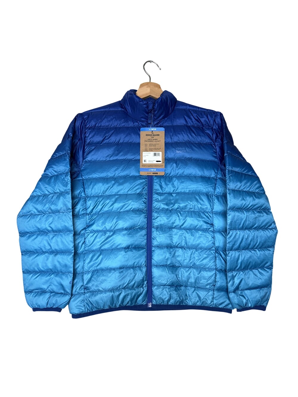Eddie Bauer Puffer Jacket Kids 10-12 Blue Down Packable Ombre Winter Zip